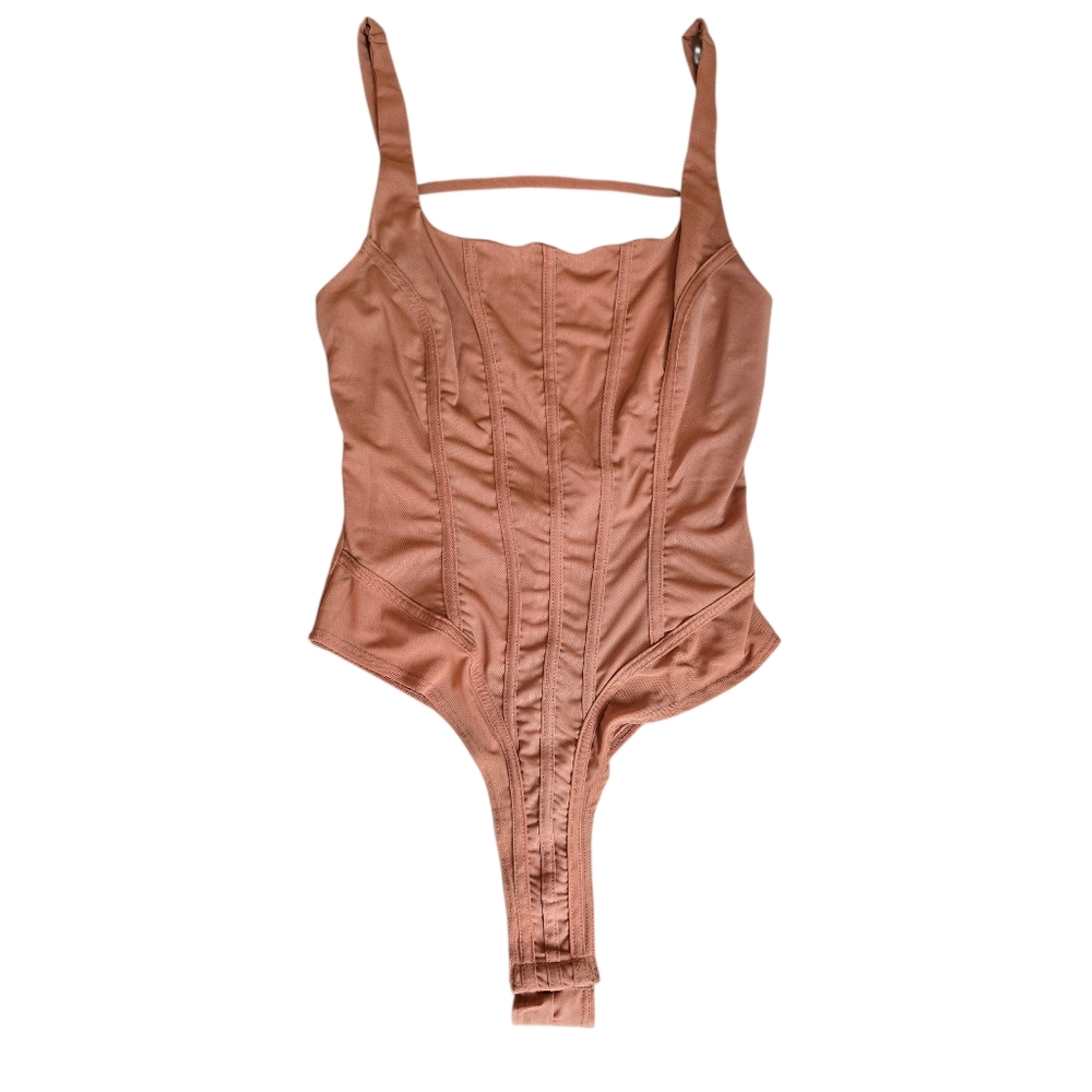 Privy Burnt Orange Corset Bodysuit NWT Medium Mesh Thong Snap Crotch